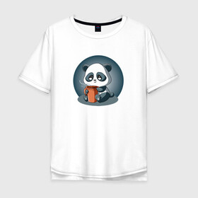 Мужская футболка хлопок Oversize с принтом Панда с кружкой кофе в Белгороде, 100% хлопок | свободный крой, круглый ворот, “спинка” длиннее передней части | coffee | panda | животное | кофе | медведи | медведь | мишки | панда | панды
