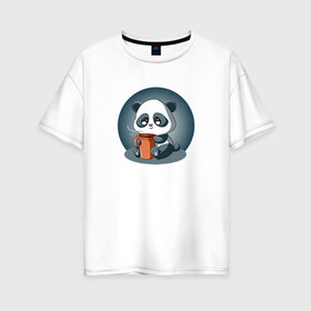 Женская футболка хлопок Oversize с принтом Панда с кружкой кофе в Белгороде, 100% хлопок | свободный крой, круглый ворот, спущенный рукав, длина до линии бедер
 | coffee | panda | животное | кофе | медведи | медведь | мишки | панда | панды
