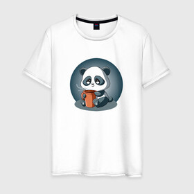 Мужская футболка хлопок с принтом Панда с кружкой кофе в Белгороде, 100% хлопок | прямой крой, круглый вырез горловины, длина до линии бедер, слегка спущенное плечо. | coffee | panda | животное | кофе | медведи | медведь | мишки | панда | панды
