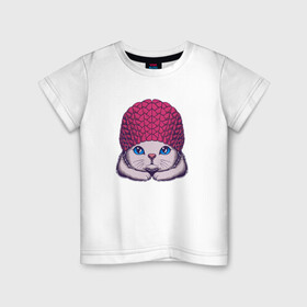 Детская футболка хлопок с принтом Котик в шапке в Белгороде, 100% хлопок | круглый вырез горловины, полуприлегающий силуэт, длина до линии бедер | cat | kawaii | kitten | kitty | pussycat | в шапке | кот | котенок | котик | кошачьи | кошка | милый