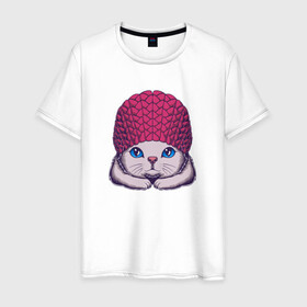 Мужская футболка хлопок с принтом Котик в шапке в Белгороде, 100% хлопок | прямой крой, круглый вырез горловины, длина до линии бедер, слегка спущенное плечо. | cat | kawaii | kitten | kitty | pussycat | в шапке | кот | котенок | котик | кошачьи | кошка | милый