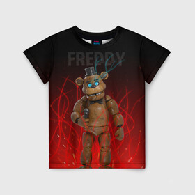 Детская футболка 3D с принтом FNAF FREDDY в Белгороде, 100% гипоаллергенный полиэфир | прямой крой, круглый вырез горловины, длина до линии бедер, чуть спущенное плечо, ткань немного тянется | Тематика изображения на принте: игры | искры | красный | стиль | фнаф | фредди