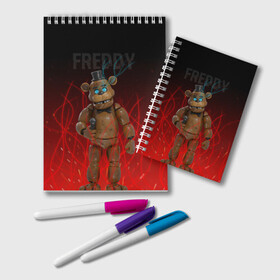 Блокнот с принтом FNAF FREDDY в Белгороде, 100% бумага | 48 листов, плотность листов — 60 г/м2, плотность картонной обложки — 250 г/м2. Листы скреплены удобной пружинной спиралью. Цвет линий — светло-серый
 | игры | искры | красный | стиль | фнаф | фредди