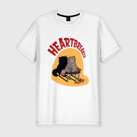 Мужская футболка хлопок Slim с принтом Хартбрейкер в Белгороде, 92% хлопок, 8% лайкра | приталенный силуэт, круглый вырез ворота, длина до линии бедра, короткий рукав | Тематика изображения на принте: bird born | birdborn | heart | ирония | кот | котики | коты | любовь | сердечки | сердце | юмор