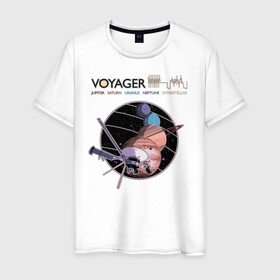 Мужская футболка хлопок с принтом VOYAGER в Белгороде, 100% хлопок | прямой крой, круглый вырез горловины, длина до линии бедер, слегка спущенное плечо. | Тематика изображения на принте: space | voyager | амс | вояджер | зонд | космос | планеты | сатурн | уран | юпитер