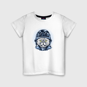 Детская футболка хлопок с принтом Кот в шлеме в Белгороде, 100% хлопок | круглый вырез горловины, полуприлегающий силуэт, длина до линии бедер | cat | kawaii | kitten | kitty | pussycat | кот | котенок | котик | кошачьи | кошка | милый