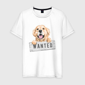 Мужская футболка хлопок с принтом Dog Wanted в Белгороде, 100% хлопок | прямой крой, круглый вырез горловины, длина до линии бедер, слегка спущенное плечо. | cute | dog | wanted | woof | гав | забавный | пес | песель | песик | смешной | собака | собачка | щенок