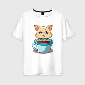 Женская футболка хлопок Oversize с принтом Котик с кружкой кофе в Белгороде, 100% хлопок | свободный крой, круглый ворот, спущенный рукав, длина до линии бедер
 | cat | kawaii | kitten | kitty | pussycat | кот | котенок | котик | кофе | кошачьи | кошка | кружка | милый