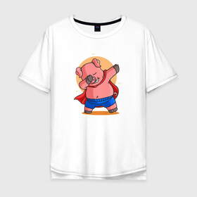 Мужская футболка хлопок Oversize с принтом Свинка супермен даббинг в Белгороде, 100% хлопок | свободный крой, круглый ворот, “спинка” длиннее передней части | dab | pig | даб | даббинг | животное | свинка | свинья | супермен | хрюша | хрюшка