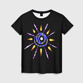 Женская футболка 3D с принтом спираль с лучами в Белгороде, 100% полиэфир ( синтетическое хлопкоподобное полотно) | прямой крой, круглый вырез горловины, длина до линии бедер | звезда | космос | лучи | необычное | неон | нло | прикольное | спираль | странное | фрик