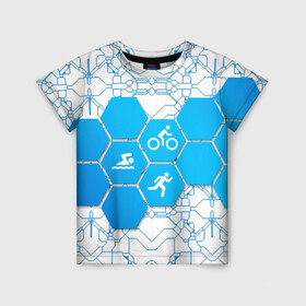 Детская футболка 3D с принтом Плыви, Крути, Беги в Белгороде, 100% гипоаллергенный полиэфир | прямой крой, круглый вырез горловины, длина до линии бедер, чуть спущенное плечо, ткань немного тянется | bike | ironman | run | running | swim | swimming | triathlon | бег | бегун | велосипед | велоспорт | выносливость | железный человек | плавание | спорт на выносливость | триатлон | цикличный вид спорта