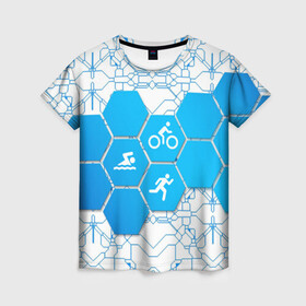 Женская футболка 3D с принтом Плыви, Крути, Беги в Белгороде, 100% полиэфир ( синтетическое хлопкоподобное полотно) | прямой крой, круглый вырез горловины, длина до линии бедер | bike | ironman | run | running | swim | swimming | triathlon | бег | бегун | велосипед | велоспорт | выносливость | железный человек | плавание | спорт на выносливость | триатлон | цикличный вид спорта