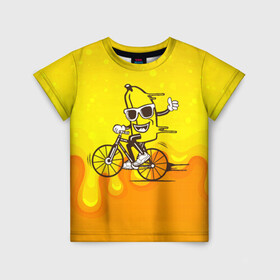 Детская футболка 3D с принтом Банан на велосипеде в Белгороде, 100% гипоаллергенный полиэфир | прямой крой, круглый вырез горловины, длина до линии бедер, чуть спущенное плечо, ткань немного тянется | Тематика изображения на принте: байк | банан | бананчик | велик | велосипед | живой банан | спорт