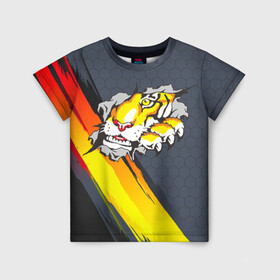 Детская футболка 3D с принтом Тигр разрывает изнутри в Белгороде, 100% гипоаллергенный полиэфир | прямой крой, круглый вырез горловины, длина до линии бедер, чуть спущенное плечо, ткань немного тянется | дыра | дырка | крупная кошка | разрывает | тигр | тигрица