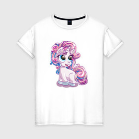 Женская футболка хлопок с принтом Маленький розовый единорог в Белгороде, 100% хлопок | прямой крой, круглый вырез горловины, длина до линии бедер, слегка спущенное плечо | horse | kawaii | unikorn | единорог | единорожка | конь | лошадь | пони | радуга | рог | цветной