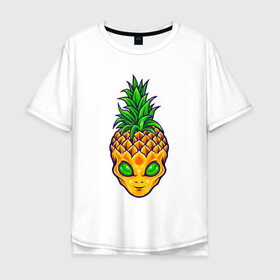 Мужская футболка хлопок Oversize с принтом Ананас инопланетянин в Белгороде, 100% хлопок | свободный крой, круглый ворот, “спинка” длиннее передней части | a pineapple | alien | tegunvteg | ананас | инопланетянин | нло | пришелец | сюрреализм