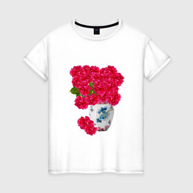 Женская футболка хлопок с принтом ваза с красными пионами в Белгороде, 100% хлопок | прямой крой, круглый вырез горловины, длина до линии бедер, слегка спущенное плечо | ваза | иллюстрации | картинки | пионы | популярные | тренды | фарфор | цветы