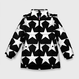 Зимняя куртка для девочек 3D с принтом Белые звёзды на чёрном фоне 2 в Белгороде, ткань верха — 100% полиэстер; подклад — 100% полиэстер, утеплитель — 100% полиэстер. | длина ниже бедра, удлиненная спинка, воротник стойка и отстегивающийся капюшон. Есть боковые карманы с листочкой на кнопках, утяжки по низу изделия и внутренний карман на молнии. 

Предусмотрены светоотражающий принт на спинке, радужный светоотражающий элемент на пуллере молнии и на резинке для утяжки. | бело чёрные звёзды | белые звёзды | белые звёзды на чёрном фоне | звёзды
