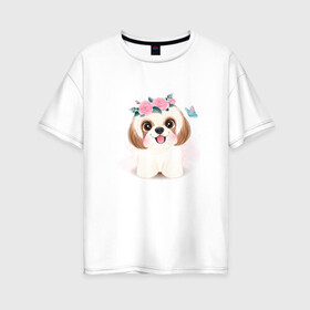 Женская футболка хлопок Oversize с принтом Ши-тцу собака в Белгороде, 100% хлопок | свободный крой, круглый ворот, спущенный рукав, длина до линии бедер
 | cute | dog | shih tzu | woof | гав | забавный | пес | песель | песик | смешной | собака | собачка | ши тцу | щенок