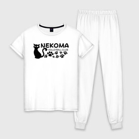 Женская пижама хлопок с принтом Волейбольный клуб Некома в Белгороде, 100% хлопок | брюки и футболка прямого кроя, без карманов, на брюках мягкая резинка на поясе и по низу штанин | anime | haikyu | haikyuu | manga | nekoma high | аниме | волейбол | волейбольный клуб | кот | коты | кошка | кошки | красная | красный | лого | логотип | манга | надпись | старшая некома | старшая школа | хаику | хаикую