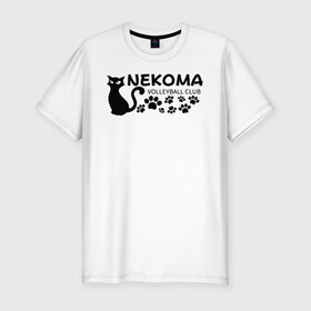 Мужская футболка хлопок Slim с принтом Волейбольный клуб Некома в Белгороде, 92% хлопок, 8% лайкра | приталенный силуэт, круглый вырез ворота, длина до линии бедра, короткий рукав | anime | haikyu | haikyuu | manga | nekoma high | аниме | волейбол | волейбольный клуб | кот | коты | кошка | кошки | красная | красный | лого | логотип | манга | надпись | старшая некома | старшая школа | хаику | хаикую