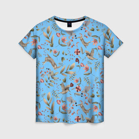Женская футболка 3D с принтом Кролик и Синичка в Белгороде, 100% полиэфир ( синтетическое хлопкоподобное полотно) | прямой крой, круглый вырез горловины, длина до линии бедер | звери | кролик | природа | синичка | цветочки | цветы
