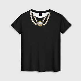 Женская футболка 3D с принтом Жемчуга в Белгороде, 100% полиэфир ( синтетическое хлопкоподобное полотно) | прямой крой, круглый вырез горловины, длина до линии бедер | богатство | бусы | жемчуг | колье | маленькое чёрное | подвеска | украшения