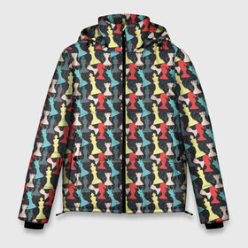 Мужская зимняя куртка 3D с принтом Шахматные Фигуры в Белгороде, верх — 100% полиэстер; подкладка — 100% полиэстер; утеплитель — 100% полиэстер | длина ниже бедра, свободный силуэт Оверсайз. Есть воротник-стойка, отстегивающийся капюшон и ветрозащитная планка. 

Боковые карманы с листочкой на кнопках и внутренний карман на молнии. | Тематика изображения на принте: chess | игра | король | ладья | математика | пешка | ферзь | чёрно белые | шах и мат | шахматист | шахматная доска | шахматные фигуры | шахматы