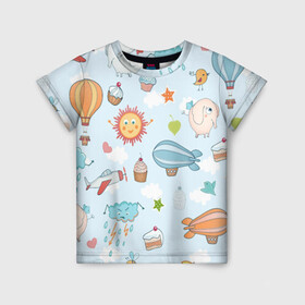 Детская футболка 3D с принтом Детские рисунки в Белгороде, 100% гипоаллергенный полиэфир | прямой крой, круглый вырез горловины, длина до линии бедер, чуть спущенное плечо, ткань немного тянется | Тематика изображения на принте: воздушныйшар | детскиерисунки | облачко | слон | солнышко