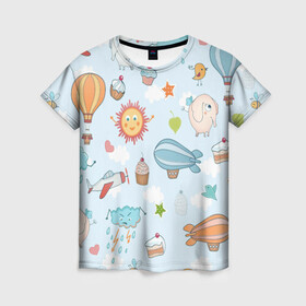 Женская футболка 3D с принтом Детские рисунки в Белгороде, 100% полиэфир ( синтетическое хлопкоподобное полотно) | прямой крой, круглый вырез горловины, длина до линии бедер | воздушныйшар | детскиерисунки | облачко | слон | солнышко