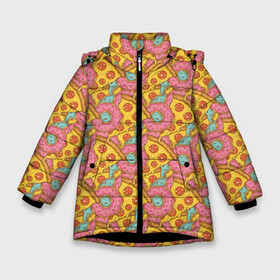 Зимняя куртка для девочек 3D с принтом Пицца и пончики в Белгороде, ткань верха — 100% полиэстер; подклад — 100% полиэстер, утеплитель — 100% полиэстер. | длина ниже бедра, удлиненная спинка, воротник стойка и отстегивающийся капюшон. Есть боковые карманы с листочкой на кнопках, утяжки по низу изделия и внутренний карман на молнии. 

Предусмотрены светоотражающий принт на спинке, радужный светоотражающий элемент на пуллере молнии и на резинке для утяжки. | Тематика изображения на принте: background | cheese | donuts | food | pattern | pizza | sausage | texture | еда | колбаса | паттерн | пицца | пончики | сыр | текстура | фон