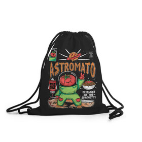 Рюкзак-мешок 3D с принтом Astromato в Белгороде, 100% полиэстер | плотность ткани — 200 г/м2, размер — 35 х 45 см; лямки — толстые шнурки, застежка на шнуровке, без карманов и подкладки | alive | astronaut | defender | food | galaxy | ketchup | monster | moon | pizza | planet | space | spaghetti | tomato | vegetable | астронавт | галактика | еда | живая | живой | защитник | кетчуп | космос | луна | монстр | овощ | пицца | планета | помидор