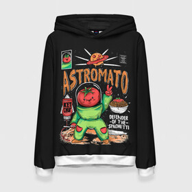 Женская толстовка 3D с принтом Astromato в Белгороде, 100% полиэстер  | двухслойный капюшон со шнурком для регулировки, мягкие манжеты на рукавах и по низу толстовки, спереди карман-кенгуру с мягким внутренним слоем. | alive | astronaut | defender | food | galaxy | ketchup | monster | moon | pizza | planet | space | spaghetti | tomato | vegetable | астронавт | галактика | еда | живая | живой | защитник | кетчуп | космос | луна | монстр | овощ | пицца | планета | помидор