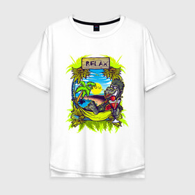 Мужская футболка хлопок Oversize с принтом RELAX | МОРЕ | ПЛЯЖ в Белгороде, 100% хлопок | свободный крой, круглый ворот, “спинка” длиннее передней части | palm | relax | sea | sun | гамак | горилла | лето | море | небо | обезьяна | отпуск | пальма | пальмы | пляж | релакс | солнце