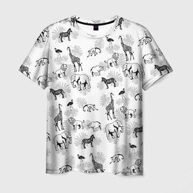 Мужская футболка 3D с принтом Африканские животные в Белгороде, 100% полиэфир | прямой крой, круглый вырез горловины, длина до линии бедер | Тематика изображения на принте: африка | дикая природа | дикие звери | животные | жираф | звери | лев | природа | разные звери | саванна | слон | тропики