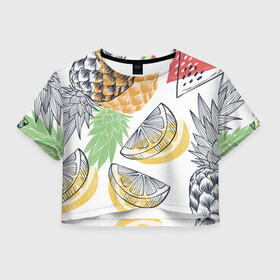 Женская футболка Crop-top 3D с принтом Сочное настроение в Белгороде, 100% полиэстер | круглая горловина, длина футболки до линии талии, рукава с отворотами | ананас | иллюстрации. | лето | лимон | настроение