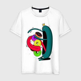 Мужская футболка хлопок с принтом Пончиковый Обжора в Белгороде, 100% хлопок | прямой крой, круглый вырез горловины, длина до линии бедер, слегка спущенное плечо. | king | иллюстрация | корона | монстр | пончики