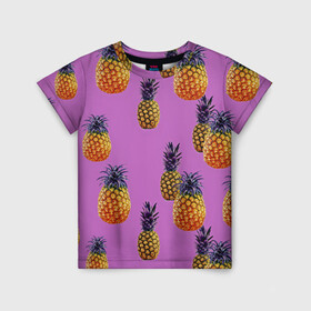 Детская футболка 3D с принтом Ананасы в Белгороде, 100% гипоаллергенный полиэфир | прямой крой, круглый вырез горловины, длина до линии бедер, чуть спущенное плечо, ткань немного тянется | ананас | жара | желтый | красный | летний принт | летняя | лето | минимализм | фрукты | футболка в полоску