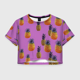 Женская футболка Crop-top 3D с принтом Ананасы в Белгороде, 100% полиэстер | круглая горловина, длина футболки до линии талии, рукава с отворотами | ананас | жара | желтый | красный | летний принт | летняя | лето | минимализм | фрукты | футболка в полоску