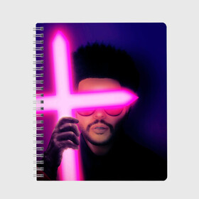 Тетрадь с принтом The Weeknd - Blinding Lights в Белгороде, 100% бумага | 48 листов, плотность листов — 60 г/м2, плотность картонной обложки — 250 г/м2. Листы скреплены сбоку удобной пружинной спиралью. Уголки страниц и обложки скругленные. Цвет линий — светло-серый
 | Тематика изображения на принте: blinding lights | music | pop | star boy | the weekend | the weeknd | музыка | уикенд
