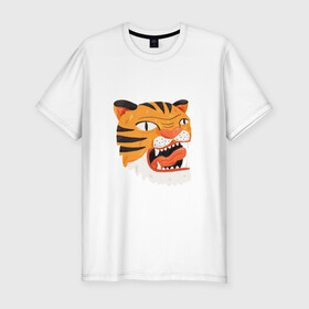 Мужская футболка хлопок Slim с принтом Mad tiger в Белгороде, 92% хлопок, 8% лайкра | приталенный силуэт, круглый вырез ворота, длина до линии бедра, короткий рукав | берсерк | злось | пантера | показывать язык | тигр