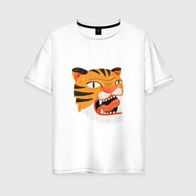 Женская футболка хлопок Oversize с принтом Mad tiger в Белгороде, 100% хлопок | свободный крой, круглый ворот, спущенный рукав, длина до линии бедер
 | берсерк | злось | пантера | показывать язык | тигр
