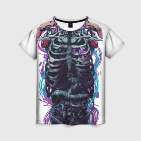 Женская футболка 3D с принтом Cuber skelet в Белгороде, 100% полиэфир ( синтетическое хлопкоподобное полотно) | прямой крой, круглый вырез горловины, длина до линии бедер | cyber | cyberpunk | cyborg | future | gwaenor | punk | retro | skeleton | киберпанк | киборг | ретро | скелет