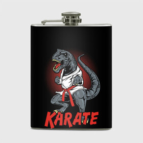 Фляга с принтом KARATE T-REX в Белгороде, металлический корпус | емкость 0,22 л, размер 125 х 94 мм. Виниловая наклейка запечатывается полностью | Тематика изображения на принте: animal | dinosaur | fight | fighter | hunter | karate | red | sport | strong | t rex | боец | бои | динозавр | карате | сила | спорт | тиранозавр | хищник