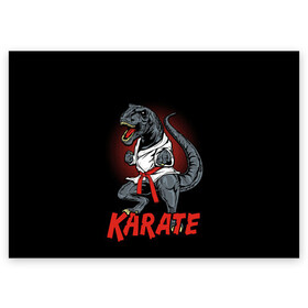 Поздравительная открытка с принтом KARATE T-REX в Белгороде, 100% бумага | плотность бумаги 280 г/м2, матовая, на обратной стороне линовка и место для марки
 | Тематика изображения на принте: animal | dinosaur | fight | fighter | hunter | karate | red | sport | strong | t rex | боец | бои | динозавр | карате | сила | спорт | тиранозавр | хищник