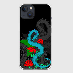 Чехол для iPhone 13 с принтом Дракон и Розы в Белгороде,  |  | dragon | rose | дракон | животные | змея | монстр | природа | растения | розы | узор | цветы