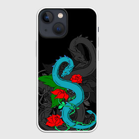 Чехол для iPhone 13 mini с принтом Дракон и Розы в Белгороде,  |  | dragon | rose | дракон | животные | змея | монстр | природа | растения | розы | узор | цветы