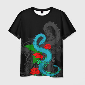Мужская футболка 3D с принтом Дракон и Розы в Белгороде, 100% полиэфир | прямой крой, круглый вырез горловины, длина до линии бедер | Тематика изображения на принте: dragon | rose | дракон | животные | змея | монстр | природа | растения | розы | узор | цветы