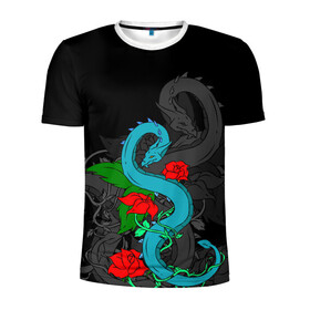 Мужская футболка 3D спортивная с принтом Дракон и Розы в Белгороде, 100% полиэстер с улучшенными характеристиками | приталенный силуэт, круглая горловина, широкие плечи, сужается к линии бедра | Тематика изображения на принте: dragon | rose | дракон | животные | змея | монстр | природа | растения | розы | узор | цветы