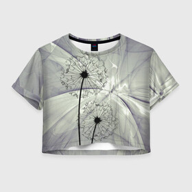 Женская футболка Crop-top 3D с принтом Одуванчики в Белгороде, 100% полиэстер | круглая горловина, длина футболки до линии талии, рукава с отворотами | волны | мятое | одуванчик | одуванчики | пух | серый фон | цветок